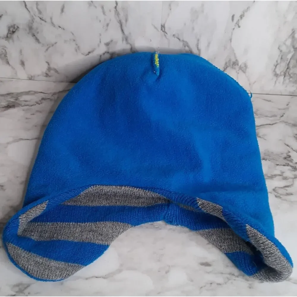 Batman Beanie Hat Kids 2T-5T Blue Striped‎ Fleece Lined Pom Ear Flaps DC Comics